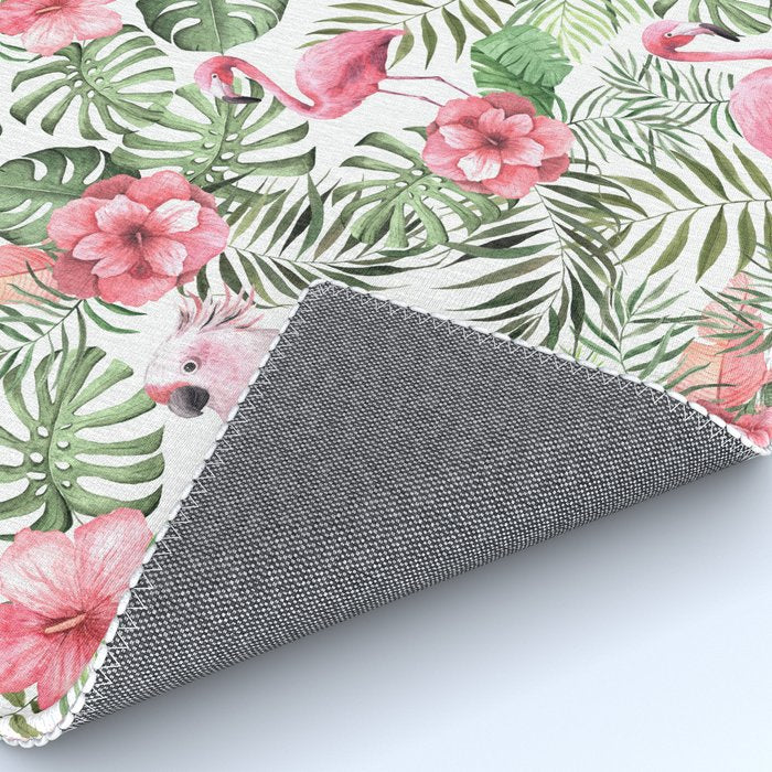 Watercolor Tropical Leaves Flowers Flamingo Cockatoo Rug Gallery Image 4