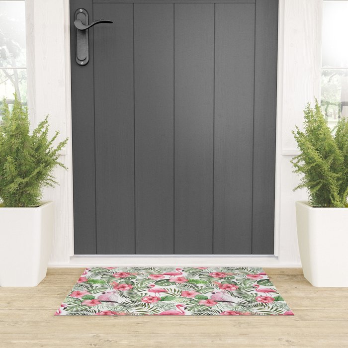 Watercolor Tropical Leaves Flowers Flamingo Cockatoo Welcome Mat Gallery Image 3