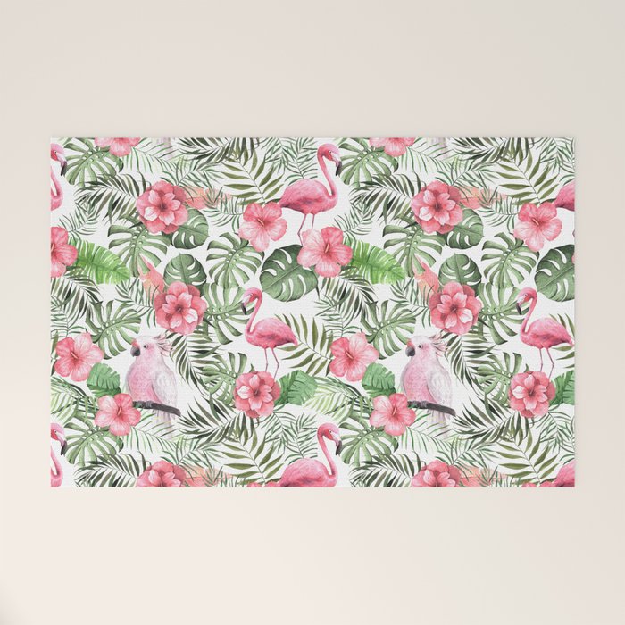 Watercolor Tropical Leaves Flowers Flamingo Cockatoo Welcome Mat Gallery Image 1