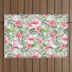 Watercolor Tropical Leaves Flowers Flamingo Cockatoo Outdoor Rug Gallery Image 1