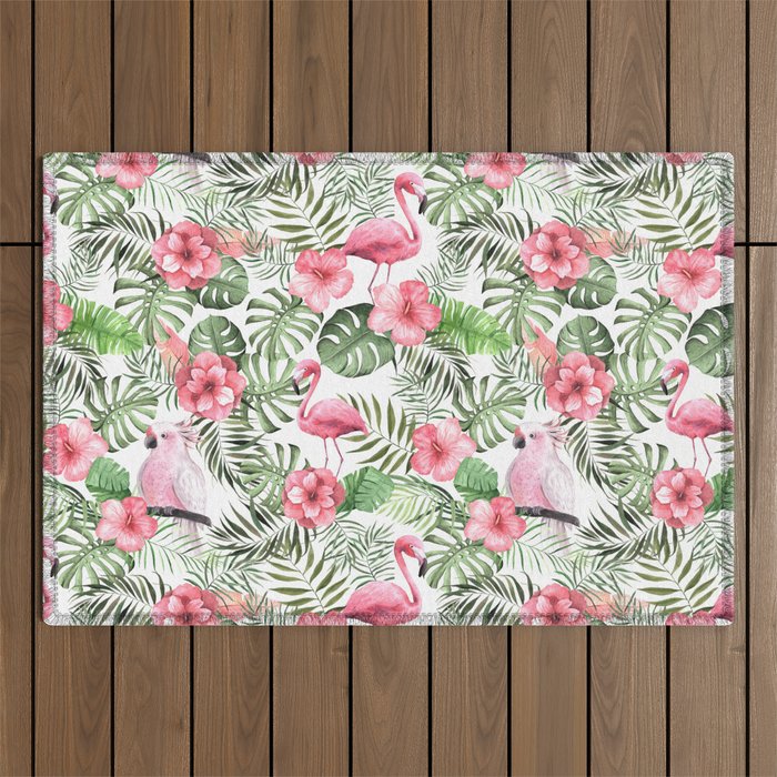Watercolor Tropical Leaves Flowers Flamingo Cockatoo Outdoor Rug Gallery Image 1