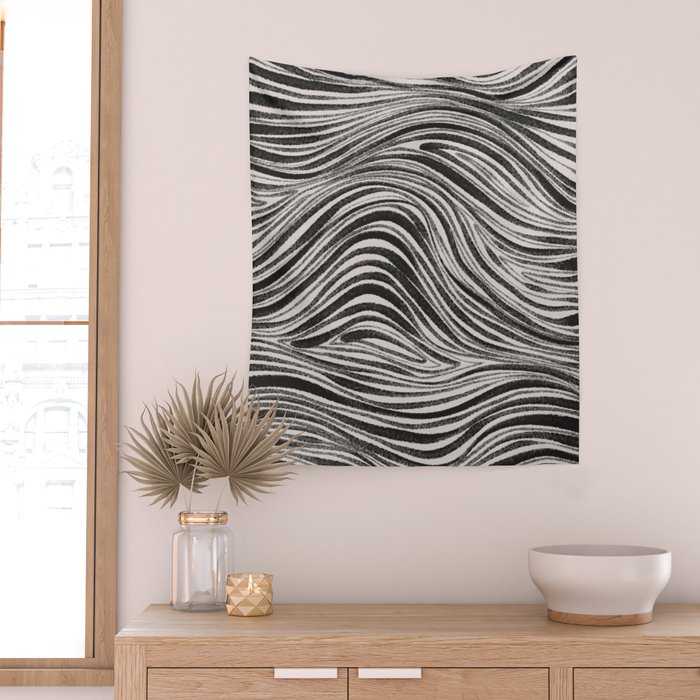 Black & White Irregular Lines Wall Tapestry Gallery Image 2