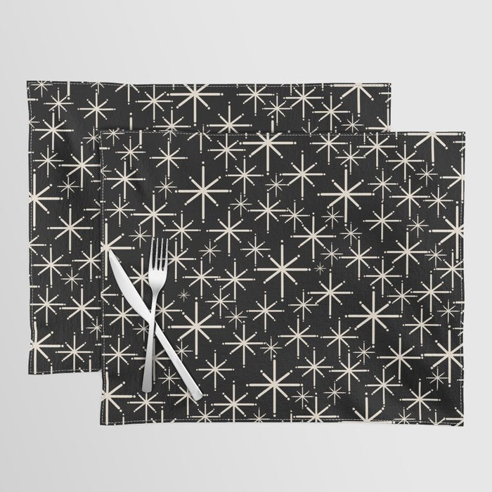 Twinkling Mid Century Modern Starburst Pattern Black and Cream Placemat Gallery Image 1