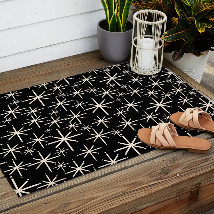 Twinkling Mid Century Modern Starburst Pattern Black and Cream Outdoor Rug Gallery Image 2