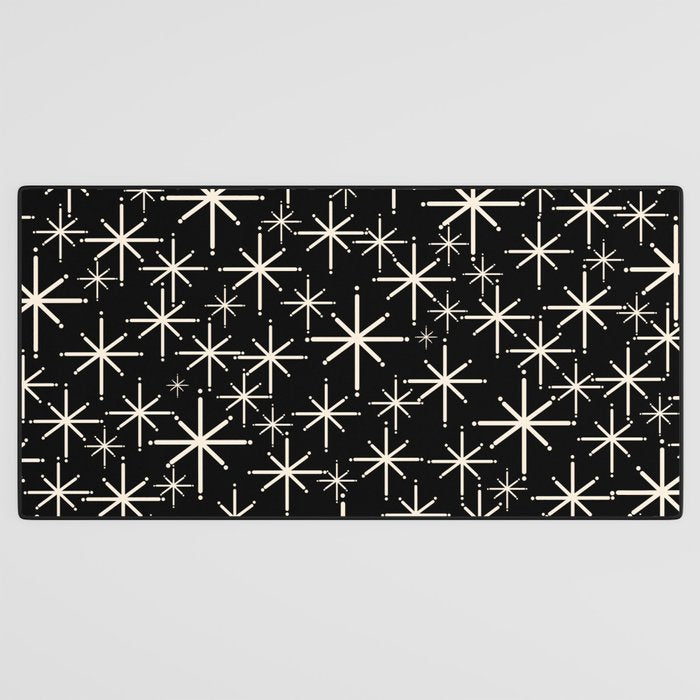 Twinkling Mid Century Modern Starburst Pattern Black and Cream Desk Mat Gallery Image 3