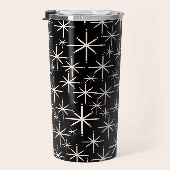 Twinkling Mid Century Modern Starburst Pattern Black and Cream Travel Mug Gallery Image 3