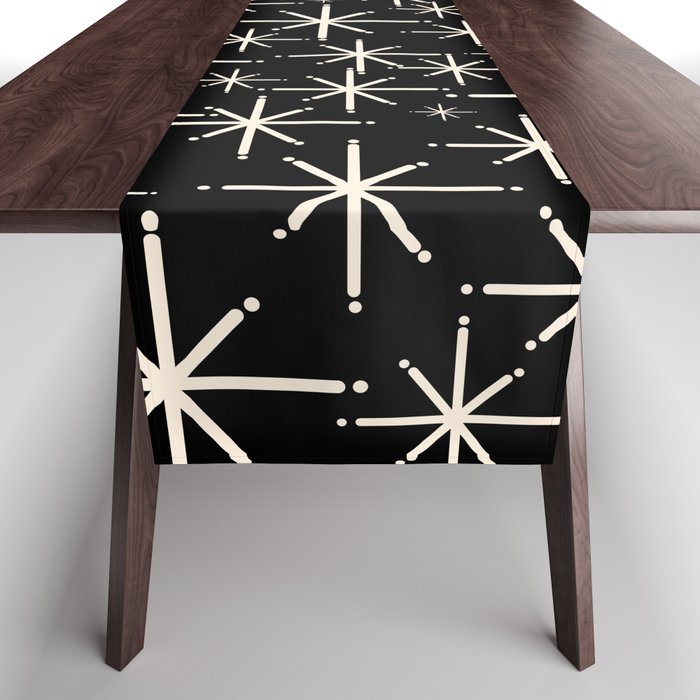 Twinkling Mid Century Modern Starburst Pattern Black and Cream Table Runner Gallery Image 1
