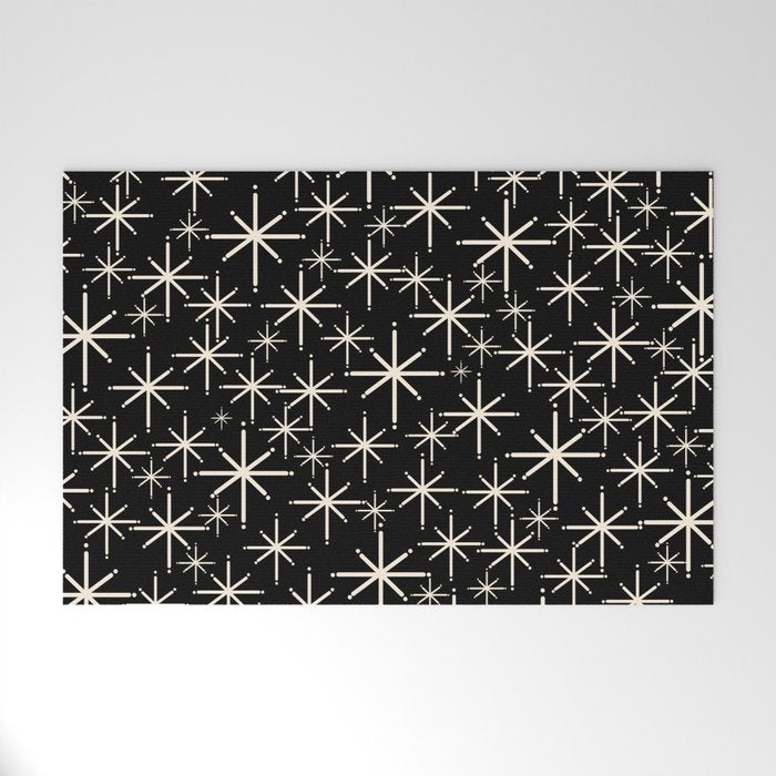 Twinkling Mid Century Modern Starburst Pattern Black and Cream Welcome Mat Gallery Image 1