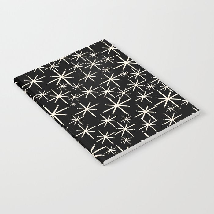 Twinkling Mid Century Modern Starburst Pattern Black and Cream Notebook Gallery Image 2
