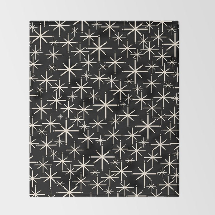 Twinkling Mid Century Modern Starburst Pattern Black and Cream Throw Blanket Gallery Image 2