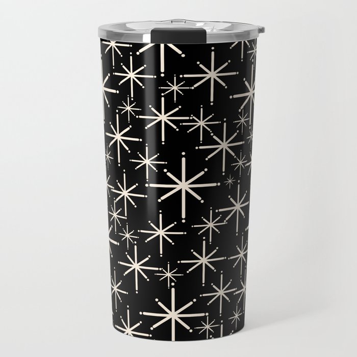 Twinkling Mid Century Modern Starburst Pattern Black and Cream Travel Mug Gallery Image 1
