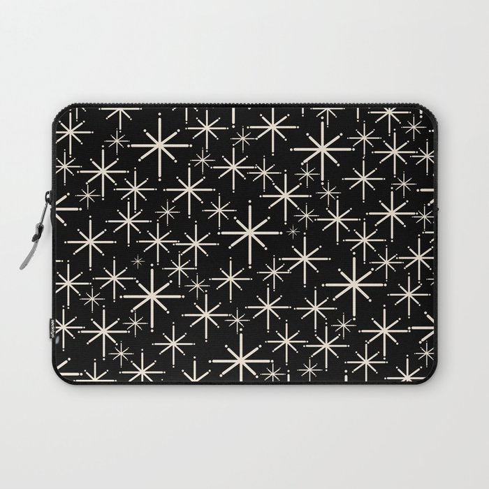 Twinkling Mid Century Modern Starburst Pattern Black and Cream Laptop Sleeve Gallery Image 1