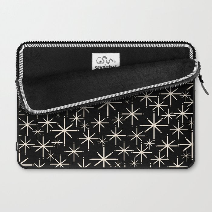 Twinkling Mid Century Modern Starburst Pattern Black and Cream Laptop Sleeve Gallery Image 2