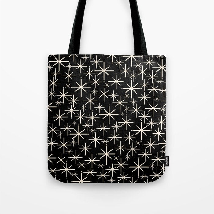 Twinkling Mid Century Modern Starburst Pattern Black and Cream Tote Bag Gallery Image 1