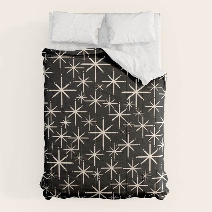 Twinkling Mid Century Modern Starburst Pattern Black and Cream Comforter Gallery Image 6