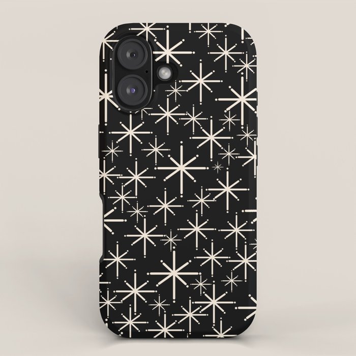 Twinkling Mid Century Modern Starburst Pattern Black and Cream iPhone Case Gallery Image 1