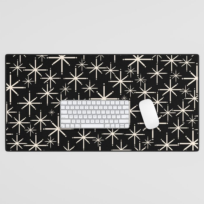 Twinkling Mid Century Modern Starburst Pattern Black and Cream Desk Mat Gallery Image 1
