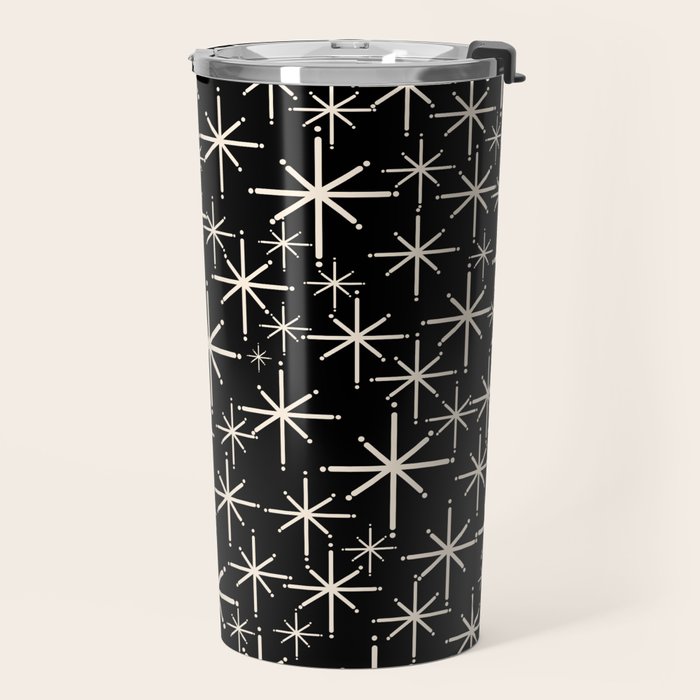 Twinkling Mid Century Modern Starburst Pattern Black and Cream Travel Mug Gallery Image 2