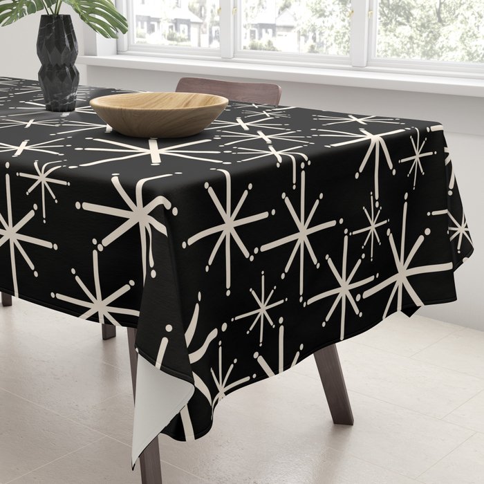 Twinkling Mid Century Modern Starburst Pattern Black and Cream Tablecloth Gallery Image 3