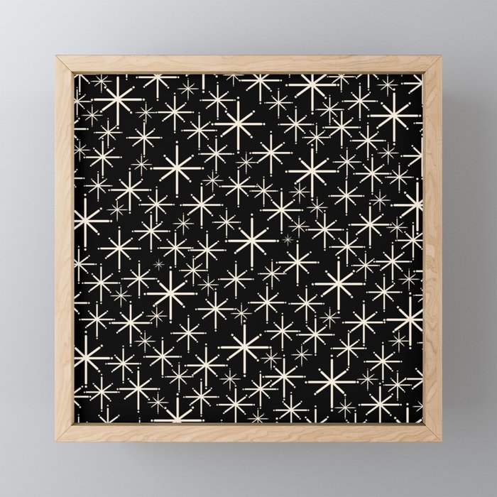 Twinkling Mid Century Modern Starburst Pattern Black and Cream Mini Art Print Gallery Image 1