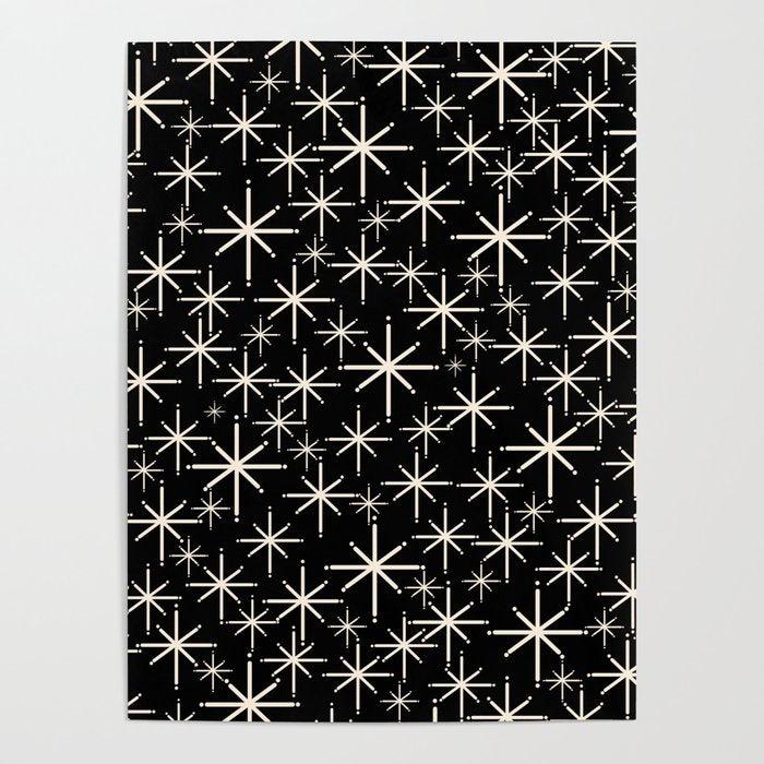 Twinkling Mid Century Modern Starburst Pattern Black and Cream Poster Gallery Image 4