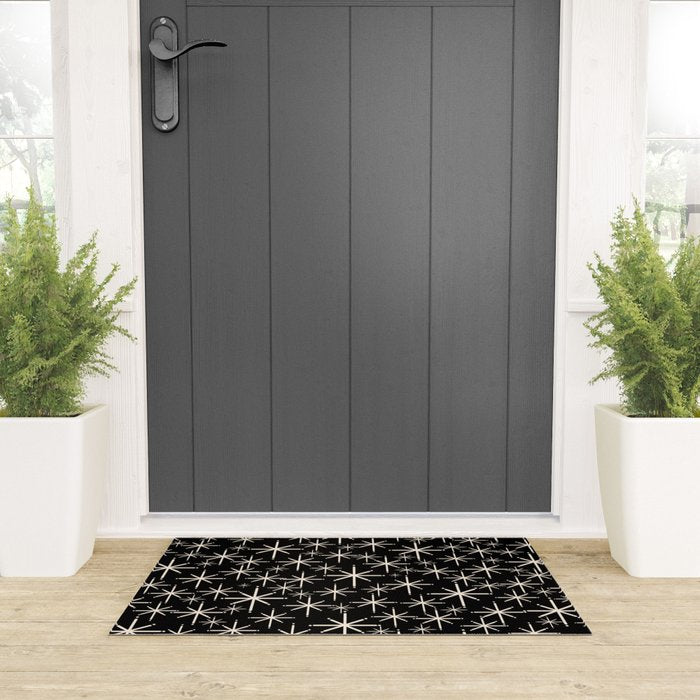Twinkling Mid Century Modern Starburst Pattern Black and Cream Welcome Mat Gallery Image 3