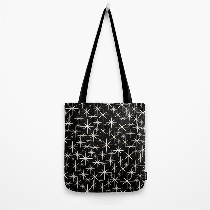 Twinkling Mid Century Modern Starburst Pattern Black and Cream Tote Bag Gallery Image 2