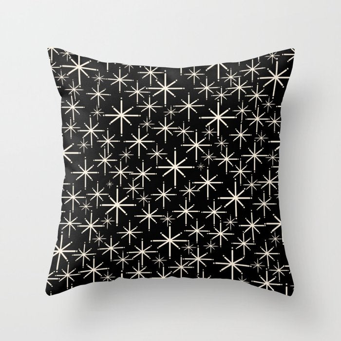 Twinkling Mid Century Modern Starburst Pattern Black and Cream Throw Pillow Gallery Image 6