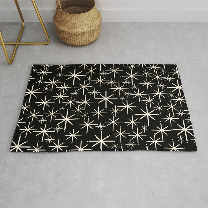 Twinkling Mid Century Modern Starburst Pattern Black and Cream Rug Gallery Image 1