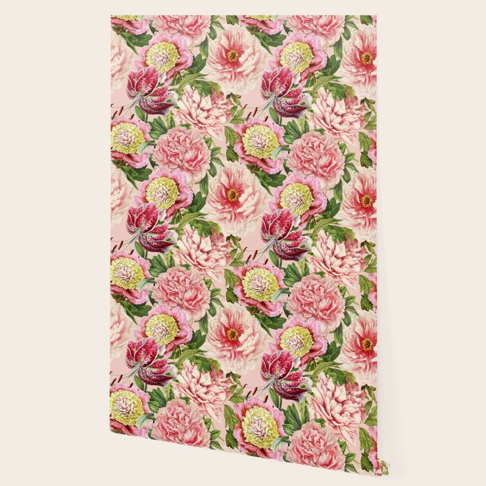 Vintage & Shabby Chic Floral Peony & Lily Flowers Watercolor Pattern Wallpaper Gallery Image 2