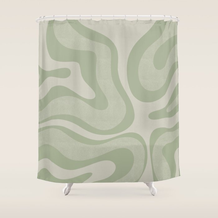 Textured Modern Liquid Swirl Abstract Pattern in Sage Shower Curtain Gallery Image 1