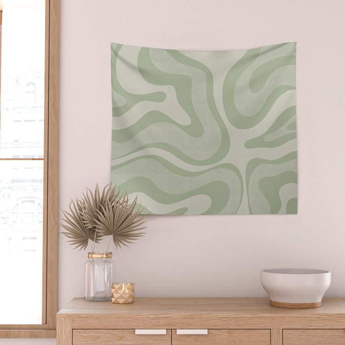 Textured Modern Liquid Swirl Abstract Pattern in Sage Wall Tapestry Gallery Image 2