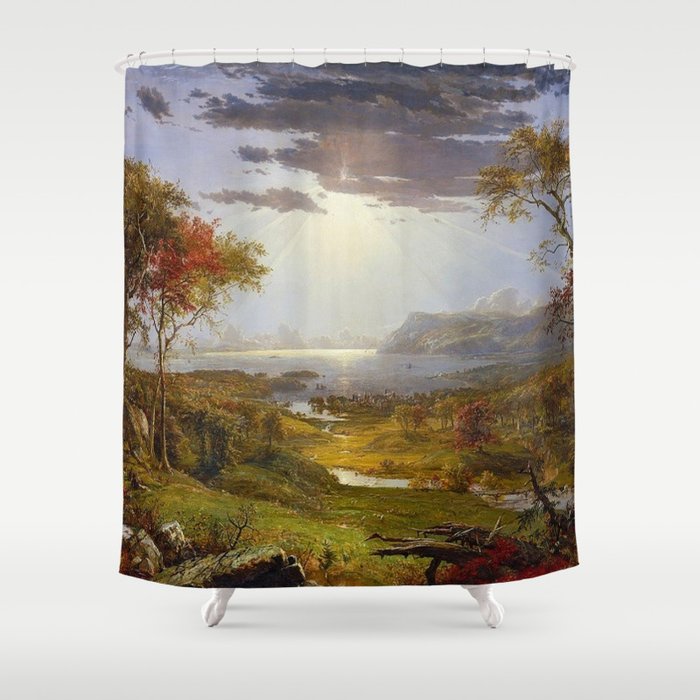 Autumn & Rays of Sun in the Hudson River Valley by Jasper Francis Cropsey Shower Curtain Gallery Image 1