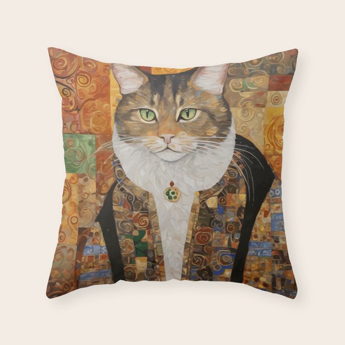 Gustav Klimt Style Tabby Cat with Diplomatic Immunity Throw Pillow Gallery Image 6
