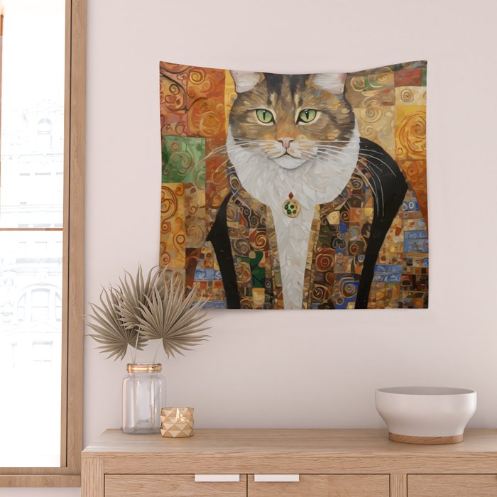 Gustav Klimt Style Tabby Cat with Diplomatic Immunity Wall Tapestry Gallery Image 2