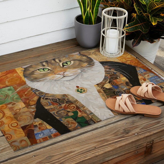 Gustav Klimt Style Tabby Cat with Diplomatic Immunity Outdoor Rug Gallery Image 2
