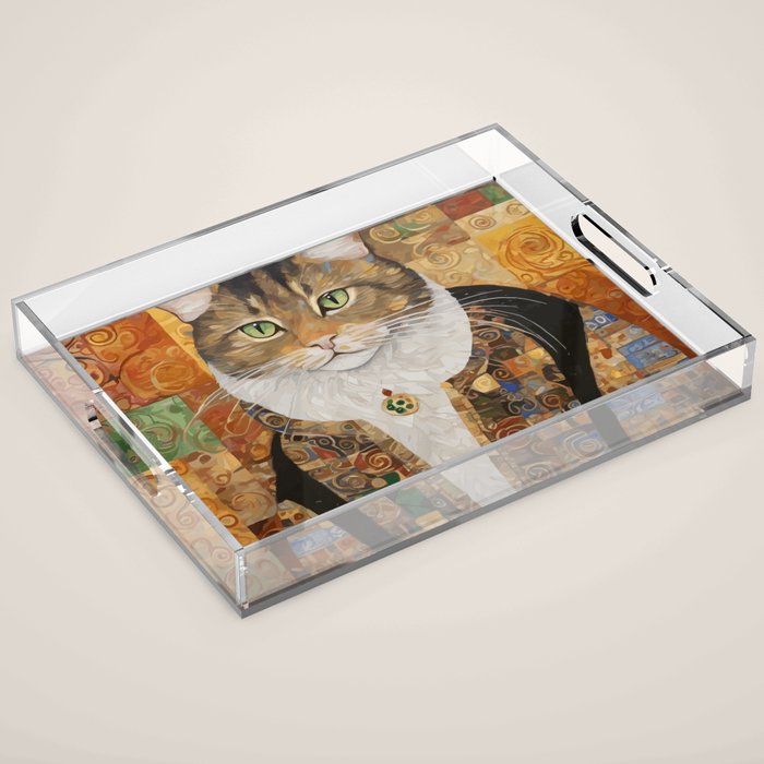Gustav Klimt Style Tabby Cat with Diplomatic Immunity Acrylic Tray Gallery Image 1