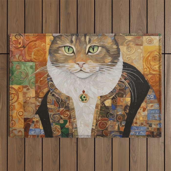Gustav Klimt Style Tabby Cat with Diplomatic Immunity Outdoor Rug Gallery Image 1