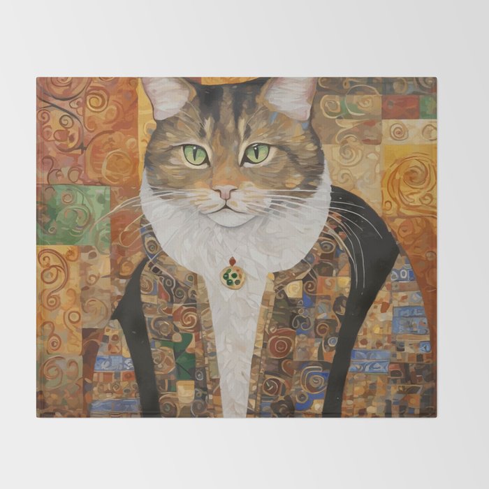 Gustav Klimt Style Tabby Cat with Diplomatic Immunity Throw Blanket Gallery Image 2