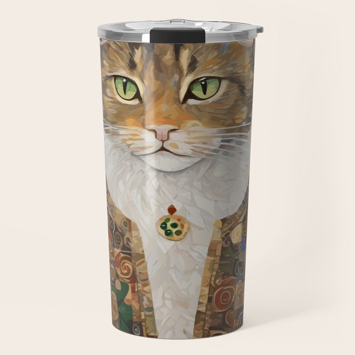 Gustav Klimt Style Tabby Cat with Diplomatic Immunity Travel Mug Gallery Image 1