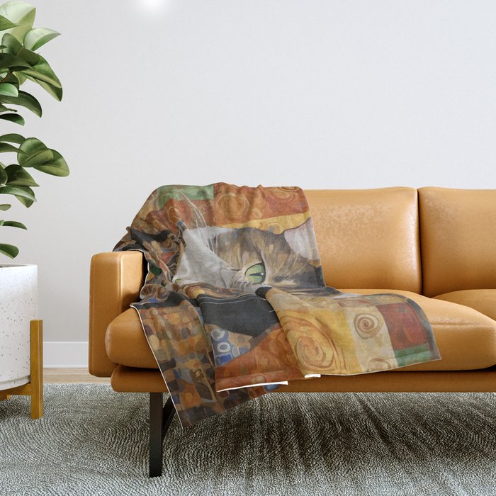 Gustav Klimt Style Tabby Cat with Diplomatic Immunity Throw Blanket Gallery Image 1