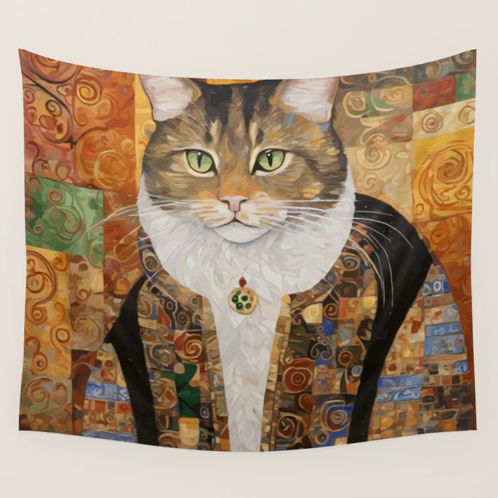 Gustav Klimt Style Tabby Cat with Diplomatic Immunity Wall Tapestry Gallery Image 1
