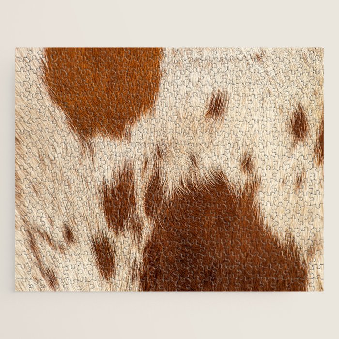 Brown Cowhide, Cow Skin Print Pattern Modern Cowhide Faux Leather Jigsaw Puzzle Gallery Image 1