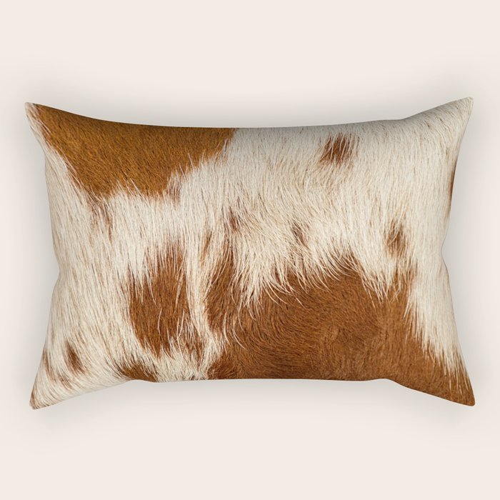 Brown Cowhide, Cow Skin Print Pattern Modern Cowhide Faux Leather Rectangular Pillow Gallery Image 1