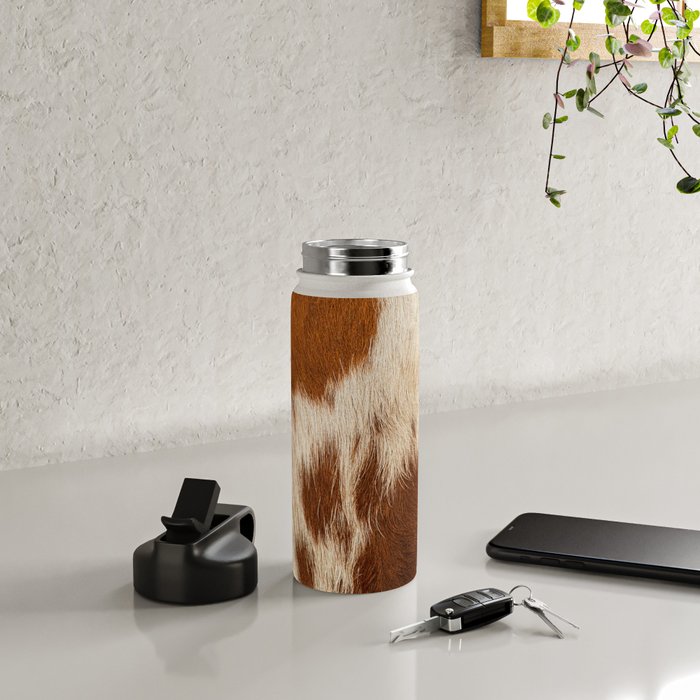 Brown Cowhide, Cow Skin Print Pattern Modern Cowhide Faux Leather Water Bottle Gallery Image 4