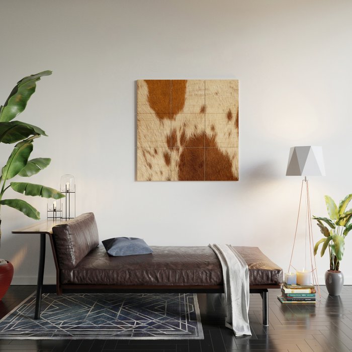 Brown Cowhide, Cow Skin Print Pattern Modern Cowhide Faux Leather Wood Wall Art Gallery Image 2