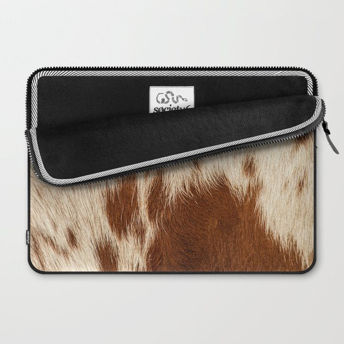 Brown Cowhide, Cow Skin Print Pattern Modern Cowhide Faux Leather Laptop Sleeve Gallery Image 2