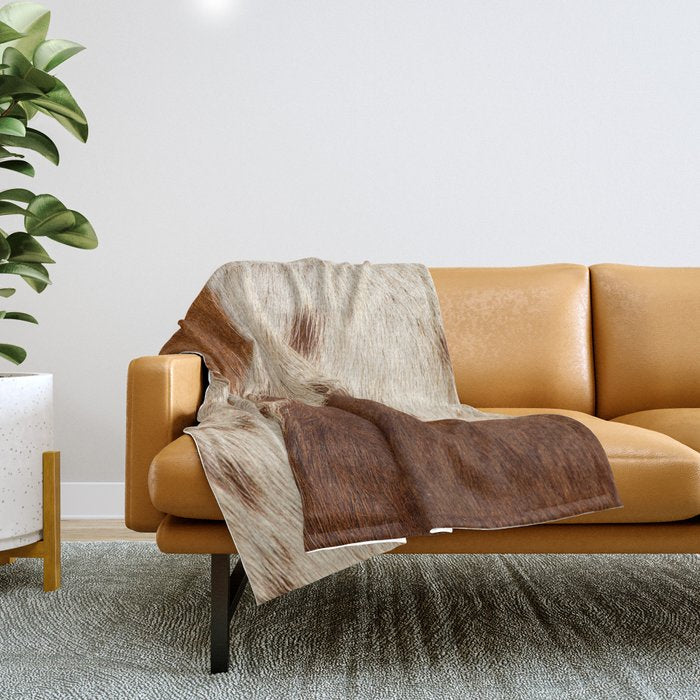 Brown Cowhide, Cow Skin Print Pattern Modern Cowhide Faux Leather Throw Blanket Gallery Image 1