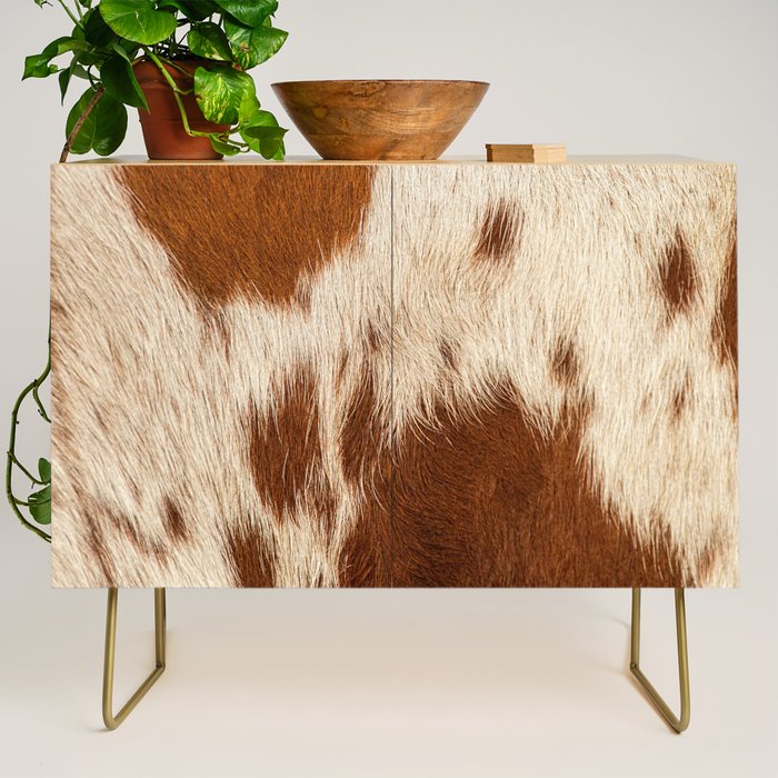 Brown Cowhide, Cow Skin Print Pattern Modern Cowhide Faux Leather Credenza Gallery Image 1