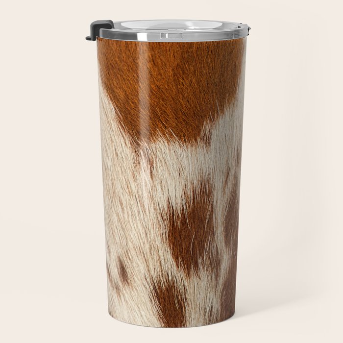 Brown Cowhide, Cow Skin Print Pattern Modern Cowhide Faux Leather Travel Mug Gallery Image 3